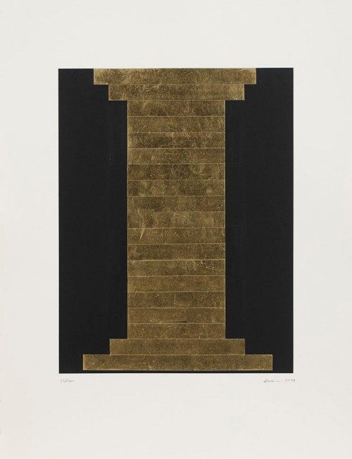 Zarina. Pillar, 2014. BFK light paper printed with black ink and collaged with 22-karat gold leaf paper mounted on Somerset white paper. Unique. Sheet size: 25 1/2 x 19 1/2 in (65.77 x 49.53 cm). © Zarina; Courtesy of the artist and Luhring Augustine, New York.